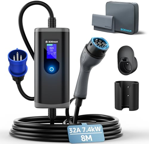 bokman Typ 2 Ladekabel mit CEE Stecker 7,4kW 8 Meter | 6-32A, 1-Phasig, IP65 Wasserdicht, Tragbares EV-Ladegerät und Mobile Wallbox Ladestation für IEC 62196-2
