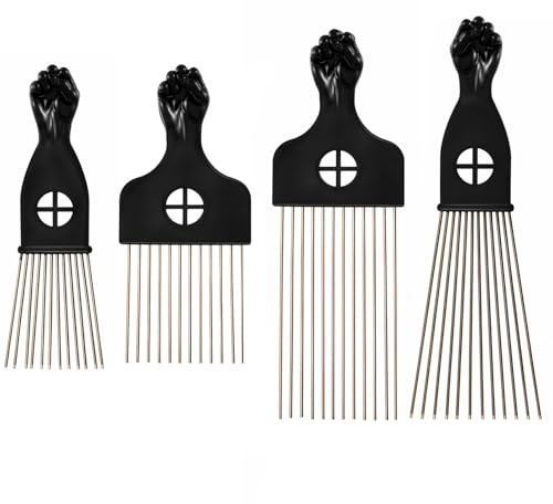 4 st hårplockare för svarta män rostfritt stål afro plockset näve-design väsentlig frisör stylingverktyg bred tand kam salong använder svart metall afro kammar för hårstyling för naturligt lockigt