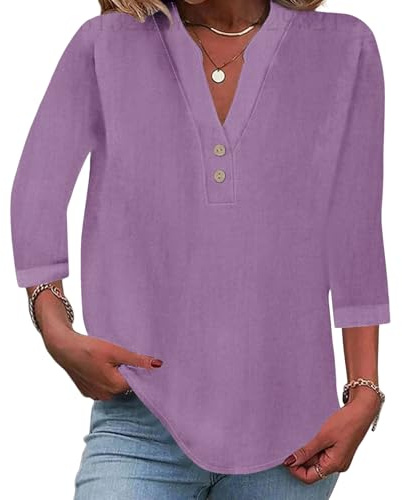 Onsoyours Chemise Femme Lin Chic et Élégant pour Femmes Manches 3/4 Col V Blouse Décontracté Tunique Top A Violetclair M