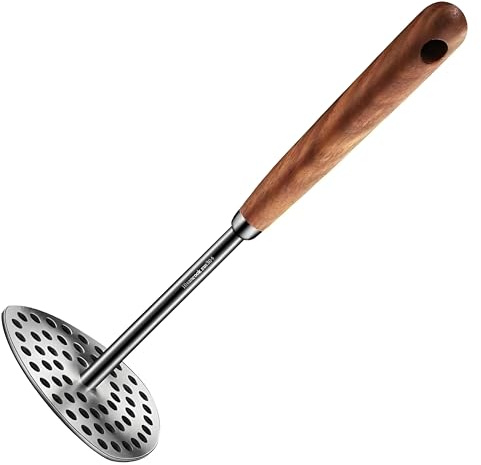 Homeily 304 Stainless Steel Potato Masher, Ergonomic Wood Handle 9.3-Inch | 304 rust-proof, non-slip grip, baby food puree sweet veg, easy-clean manual press, kitchen tool, 23.5cm comfortable