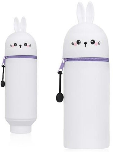 KOOOGEAR 2-in-1 Silikon Federmäppchen,Kawaii Federmäppchen,Mäppchen,Stand Up Federmäppchen,Tier Stifthalter, Stifthalter Bleistifttasche Mädchen Junge (Weißes Kaninchen)