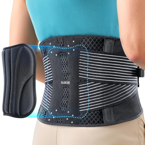 Rakiie Back Support Belt, 6X Metal Lower Back Support for Men & Women, Lightweight Lumbar Support with 3D Pad, Breathable Support Belt for Herniated Disc, Sciatica Pain Relief, Gray M
