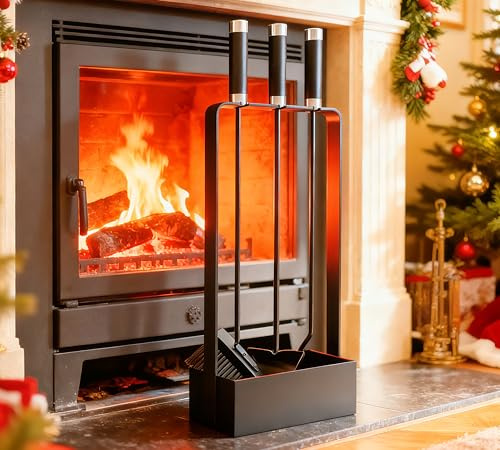 Kingson Set di attrezzi per caminetto con maniglie in ferro ibrido e acciaio inox, 3 attrezzi, 53 cm, supporto verniciato a polvere, colore: nero