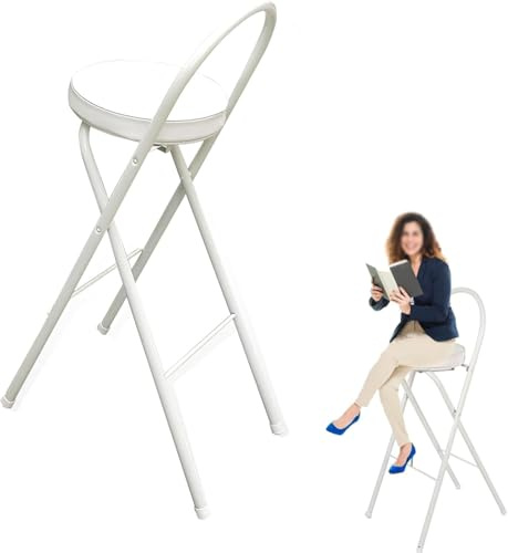 Sedia Pieghevole Sgabello da Cucina per La Colazione Bianco Rotondo Imbottito 70 Cm, Sgabello Pieghevole da 60 Cm con Poggiapiedi, Sgabello da Bar Pieghevole in Metallo per ADU, White, 60cm/24in