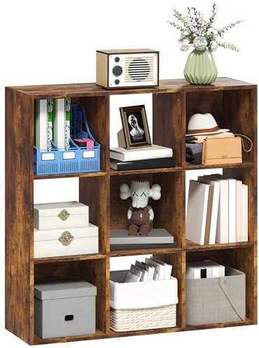 HOMCOM 3-tier 9 Cubes Storage Unit Particle Board Cupboard Bookcase Organiser Home Office Shelves, Rustic Brown