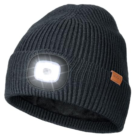 Wmcaps Mütze mit LED Licht, Type-C, wiederaufladbar, warme Futter, Geschenk | Dehnbar-weich, Freihändige Stirnlampe, Wintermütze für Herren, Ideal für Joggen, Hundespaziergänge und nächtliche Arbeiten.