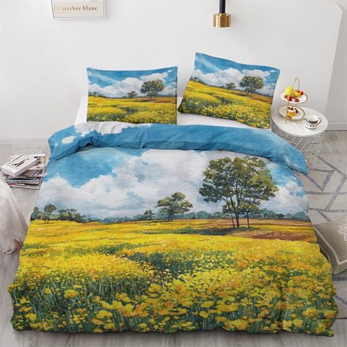 Rapeseed Field Duvet Cover Oversized King Size, Watercolor Floral Landscape Comforter Cover, Soft Breathable Bedding Set with Zipper Closure 3 Pieces, 1 Duvet Cover 120x98 inches, 2 Pillowcases