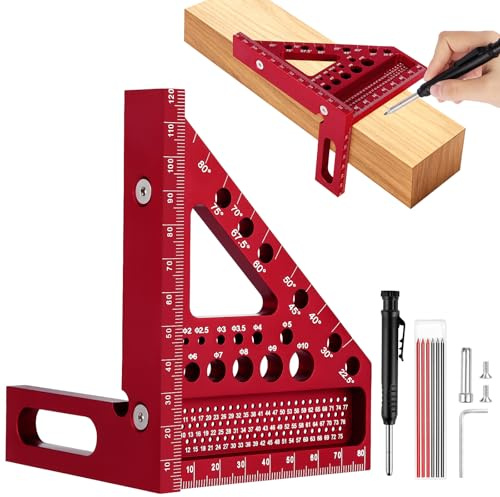 Flintronic 3D-Gehrungswinkel, 120MM, Aluminium Winkelmesser Metall 22.5-90 Winkelmaß, Multifunktional Präz.-Gradmesser Lineal mit Bleistift und Minen für Holzarbeiten Heimarbeit Handwerker DIY, Rot