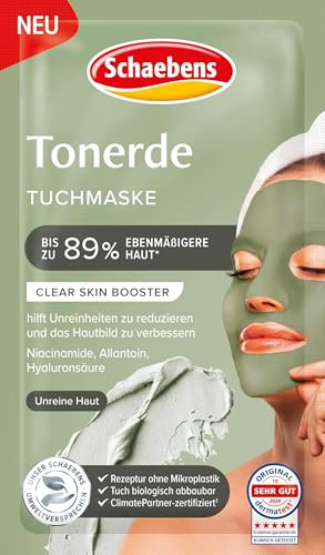 Schaebens Tonerde Tuchmaske - Clear Skin Booster - hilft Unreinheiten zu reduzieren und verbessert das Hautbild mit Niacinamide, Allantoin und Hyaluronsäure, 1 Tuchmaske für unreine Haut