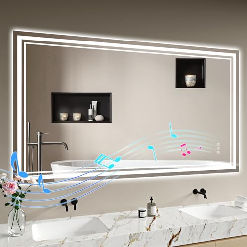 Badspiegel-mit-Beleuchtung 140x70 - LED Badezimmerspiegel mit Bluetooth - Badezimmer Spiegel mit Beleuchtung, Beschlagfrei, Dimmbar, 3 Lichtfarben, Wandspiegel Led-Spiegel-Bad Horizontal/Vertikal