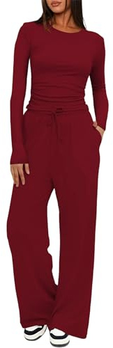 Set da 2 pezzi per le donne Lounge Sets Top a maniche lunghe a gamba larga Tute da donna Aeroporto Pantaloni Casual Set coordinato Tute, Borgogna, S
