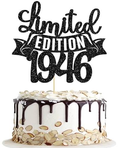 Gyufise 1Pc Limited Edition 1946 Cake Topper Black Glitter Happy 80th Birthday Party Cake Decoration Supplies Cheer to 80 Years Cake Bunting Decor for 80th Birthday Party Photo Booth Props