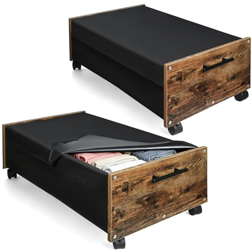 BugyKido 2 Stück Unterbett Aufbewahrungsbox mit Deckel, Unterbettkommode mit Rollen 360°Drehung, Unterbett Aufbewahrung mit Metallrahmen für Kleidung, Schuhe, Spielzeug und Decken 75 x 42 x 27,5 cm