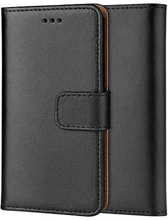 ameego MK-209 Premium Genuine iPhone 5/5S/SE Real Leather Flip Wallet Magnetic Kickstand Slim Book Case with Card Slot (Black)