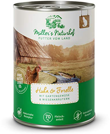MÜLLER'S NATURHOF – Huhn | Nassfutter mit natürlichen Zutaten und wertvollen Superfoods für ausgewachsene Katzen. Getreidefreies Alleinfutter ohne Zusatzstoffe in der Dose | 6x400g Huhn
