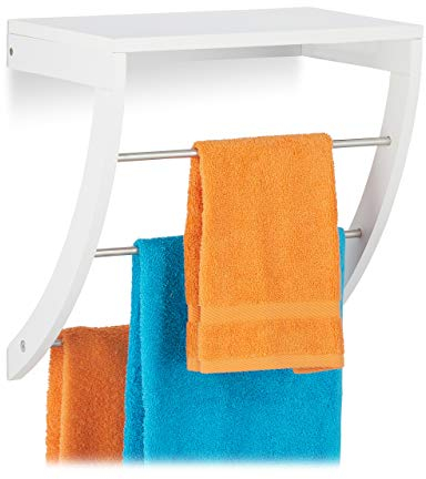 Relaxdays Portasciugamani a Parete, 3 Aste in Acciaio Inox, Montaggio al Muro, Ripiano, Mensola, HLP 40x38x25 cm, Bianco