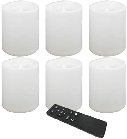 CANDLE CHOICE Waterproof Outdoor Battery Operated Flameless Candles Remote Timer White Plastic Realistic Flickering Fake Electric LED Pillars Lantern Garden Wedding Christmas Decorations 3”x4” 6 Pack