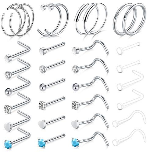 AceFun 20G 32 Pezzi Piercing al naso Borchie Anelli al naso a forma di C Acciaio Chirurgico Piercing al naso Tragus Cartilagine Anelli Piercing Gioielli