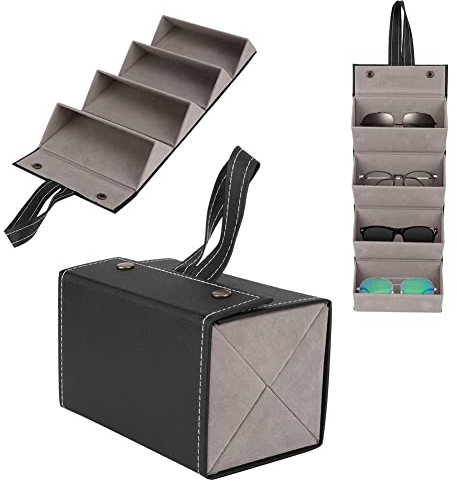 Tissting Brillenorganizer Reisen Faltbar 4 Slot, Tragbar Brillenorganizer Brillenaufbewahrung Präsentation Brillenetui Wandhalter Brillenetui Organizer Leder Aufbewahrungsbox für Damen Herren