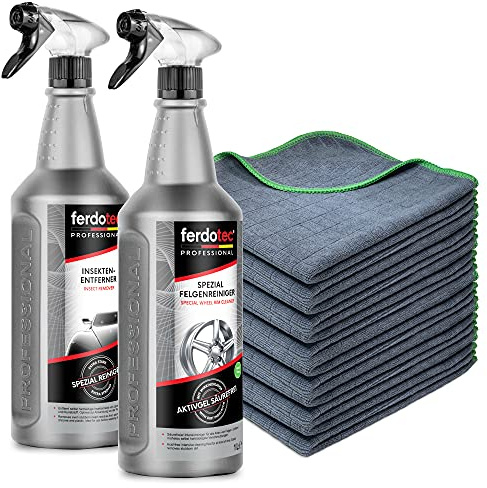 ferdotec® 1L limpiador de llantas de coche + removedor de insectos + 12 x paños de microfibra 380GSM 40x40cm (verde/antracita) | Cuidado del automóvil premium para la eliminación de insectos + cuidado