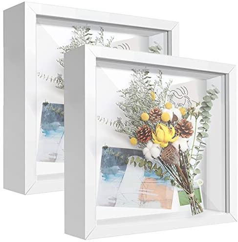 sunmeg 2Pcs 3D Shadow Box 8x8 Picture Frame Wooden Deep Box Square Photo Frames Desktop or Wall Hanging for Medal, Flower & Crafts Display