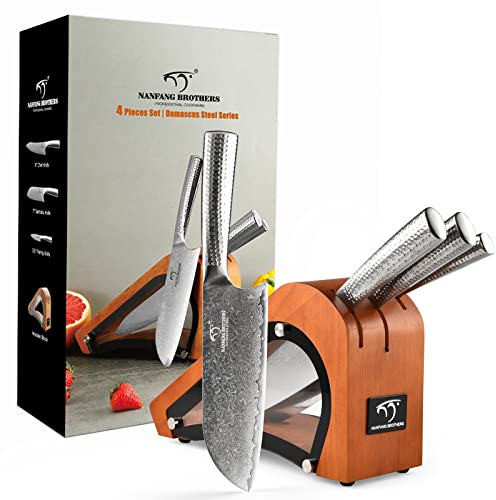 NANFANG BROTHERS Damascus Kitchen Knife Set VG10 Steel 67 Layers Superior, 10.00 cm to 20.00 cm Sharp Damascus Chef's Knife with Hammered Handles and Wood Block