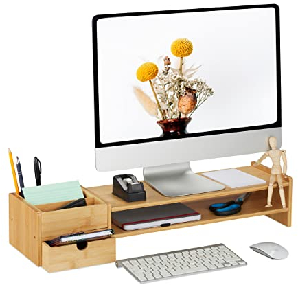 Relaxdays Monitorständer, Bambus, Schublade & 5 Fächer, HxBxT: 13 x 70 x 19 cm, Bildschirmständer Schreibtisch, Natur