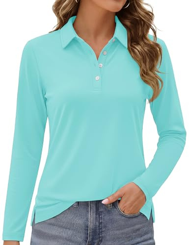 MAGCOMSEN Long Sleeve Polo T Shirts for Women UPF 50+ Quick Dry SPF Golf Shirt Lightweight Collar Tops Light Blue,S