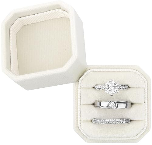 DesignSter Velvet Ring Box - Square, 3 Slots, Premium Ring Bearer Box for Wedding Ceremony & Proposal Engagement (Beige)