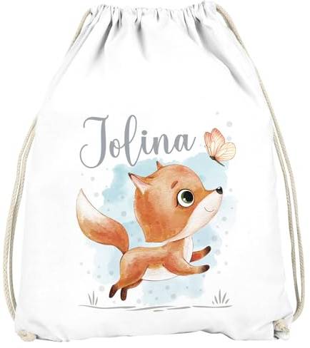 SpecialMe® Kinder Turnbeutel mit Name Tiermotive Bär, Hase, Fuchs personalisierte Geschenke Mädchen Jungen Weiss unisize