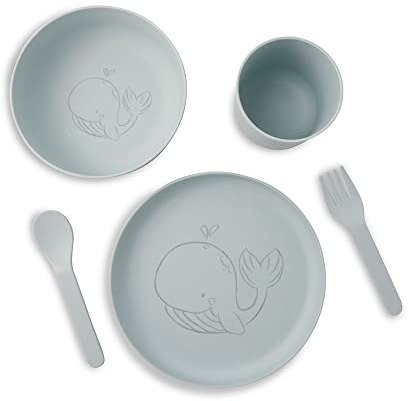 BIOZOYG - Set Stoviglie per Bambini 5 Pz in Bioplastica - Set Colazione Lavabile in Lavastoviglie Piatto Ciotola Tazza Cucchiaio,Forchetta Regalo Bambini - Stoviglie per Bambini Design Animali Balena