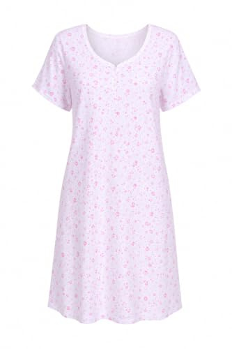 i-Smalls Women's 100% Cotton Floral Nightdress Short Sleeve Nightie Button Front Sleep Dress Pink Blue (10-12) Pink