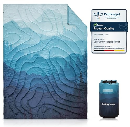KingCamp Manta Camping Ultraligera,Compacta,Impermeable,Manta de Viaje con Botones 200x145 cm,Multiusa para Viaje, Senderismo, Oficina, Parque, Aviones,Azul