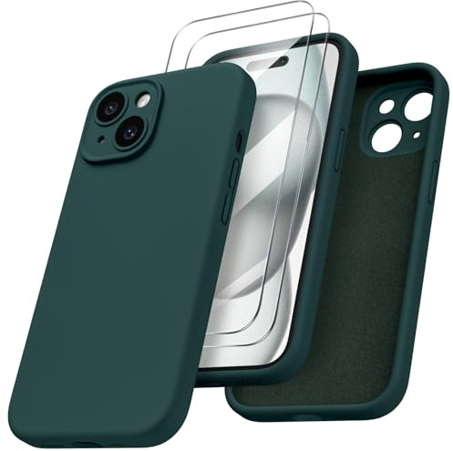 ORNARTO für iPhone 15 Hülle mit Kameraschutz und 2 Schutzfolien, flüssigem Silikon Handyhülle iPhone 15 6.1 Zoll mit Kamera Schutz, stoßfeste iPhone 15 Schutzhülle mit Mikrofaser - Olivgrün | Kamerashutz, Premium Flüssigsilikon, dünne Handyhülle, weich, griffig, tolle Haptik, stoß- und kratzfest, große Farbauswahl