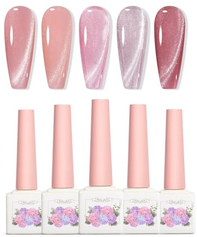 Adhere Juego de esmalte de uñas de gel LED ultravioleta de ojos de gato de 5 ml, diamante brillante, rosa transparente magnético, sin imán