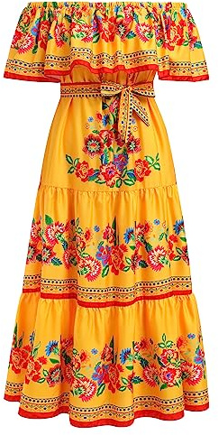 FYMNSI Robe mexicaine pour femme - Robe épaules dénudées - Longue - Robe de soirée - Robe maxi fleurie - Bohème - Robe de plage - Robe décontractée - Robe de fête - S-3XL, jaune, L