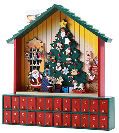 Maison de Vacances dans une Boîte : Calendrier de l'Avent festif avec 24 tiroirs en bois, 39,5 x 7 x 42 cm