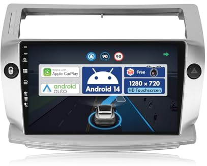 BXLIYER 9 Pouce Autoradio pour Citroen C4/C-Quatre/C-Triomphe (2004-2012) GPS Radio - sans Fil Carplay Android Auto - Android 14 - Caméra arrière - 2 Din - Dab Volant WLAN Bluetooth DSP 4G
