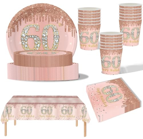 69Pcs Rose Gold 60th Birthday Party Tableware,Pink 60th Birthday Tableware Set with 32P Paper Plates,20P Napkins,1P 60th Table Cloth,16P Paper Cups for Women Her Birthday Party Table Decorations