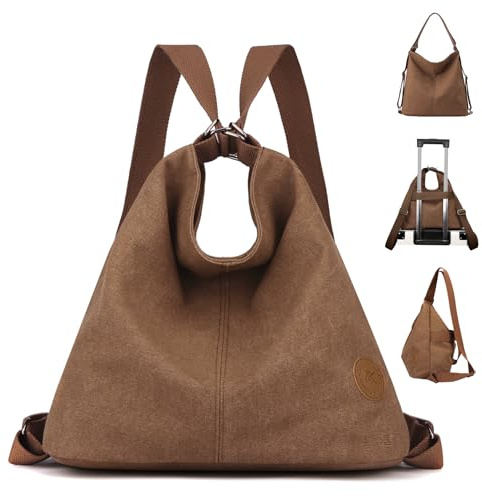 DUOL COOS Large Tote Bag Convertible Backpack Purse for Women with Zipper Pockets, Canvas Crossbody Shoulder Hobo Bag 4-in-1, Brown