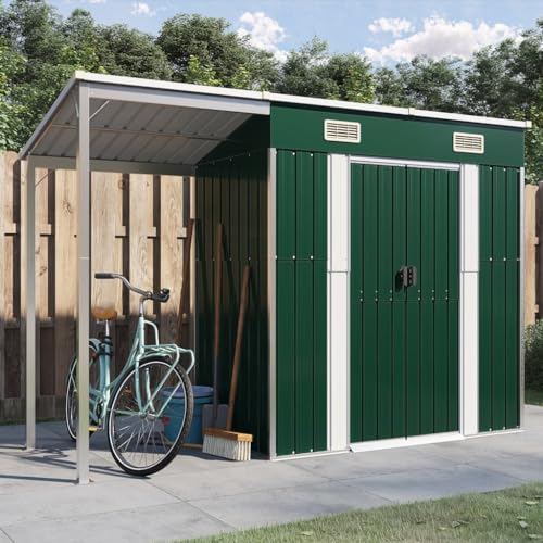 Festnight Geräteschuppen Fahrradschuppen Metall Geräteschrank Gartenhaus Fahrradunterstand Gerätehaus mit Pultdach Outdoor Schrank Gartenschuppen Garten Schuppen 277x110,5x181 cm