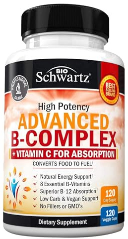 Vitamin B Complex with Vitamin C for Maximum Absorption - Methylcobalamin b12 & Folate Folic Acid Supplement - B1 B2 B3 B5 B6 B7 B9 for Immune Energy & Nervous System Support - Non-GMO, 120 count