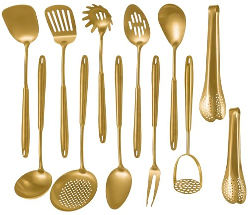 304 Stainlss Steel Matte Kitchen Utensils Set, 12 Pcs Long Metal Cooking Utensil Gadgets Tools Set with Spatula, Ladle, Spoon, Ladle, Skimmer, Tunner, Pasta Server, Tongs(Gold, Dishwasher Safe)