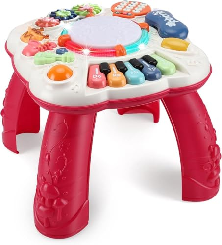 AUTOMP Aktivitäts-Tisch mit Licht & Musik für Babys 0-36 Monate, Lernspielzeug mit Geräuschen und LED-Effekten (30x30x29cm, Rot) Jungen und Mädchen