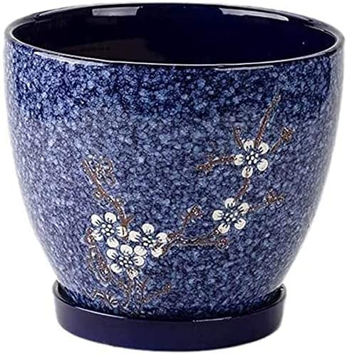 CAFIEDR Maceta con patrón de Ciruelo Chino, Maceta de Paisaje, Maceta de cerámica con Esmalte Azul para jardinería, alféizar de Ventana para Interiores y Exteriores, Plantas suculentas, de,21 * 19cm