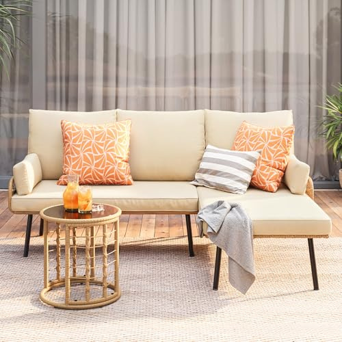 Gizoon 3-Piece Outdoor Patio Furniture Set, All-Weather PE Wicker L-Shaped Conversation Sofa with Thick Cushions & Glass Table, for Backyard, Porch, Balcony, Poolside (Beige)