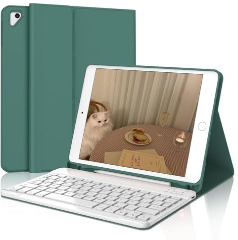 IVEOPPE Funda iPad 6 Generación 9.7 2018 con Teclado, Teclado Español Ñ Bluetooth Wireless Desmontable para iPad 6 2018/5 Gen 2017/Air 2/Air 1, Verde Oscuro