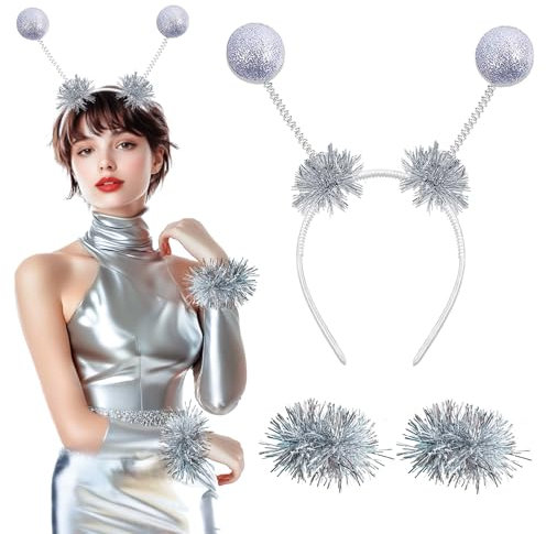 BOYATONG Alien Kostüm Damen & Herren, Silbernes Alien Haarreif & Armbänder, Glitzerkugeln Haarreif, Space Girl Kostüm Fasching, Karneval & Party, Einheitsgröße, Unisex-Kinder & Erwachsene