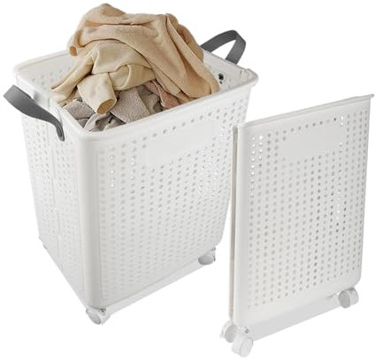 41,5L Panier a Linge Pliable avec Roulettes, 37,7x31x50cm Corbeille a Linge Pliable avec Poignées, Bac a Linge Sale en Plastique Laundry Basket Panier de Rangement pour Salle de Bain, Buanderie
