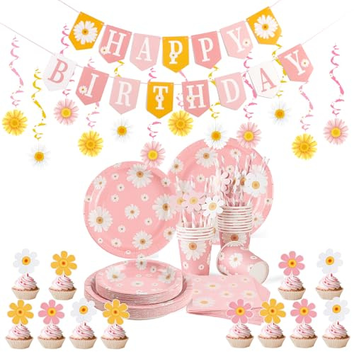 Easy Joy 109PCS Daisy Party Decorations Pink Birthday Tableware Party Set | Daisy Party Supplies with Birthday Banner Swirls Plates Cups Napkins and Cake Toppers for Girls Birthday Baby Shower